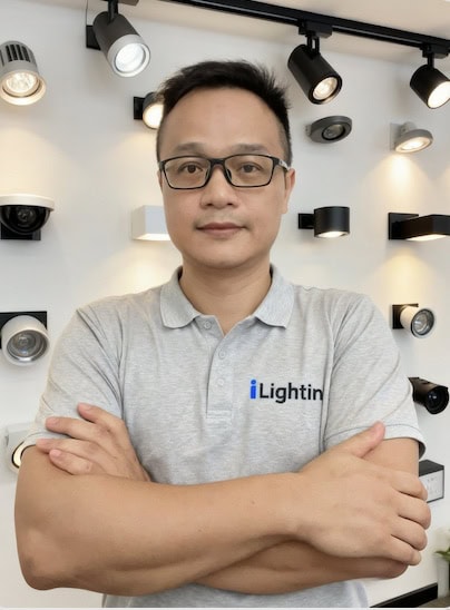 High-quality professional lighting products displayed on the wall, showcasing a variety of LED and commercial lights.