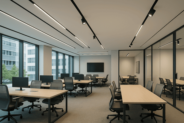 Office with magnetic linear lighting