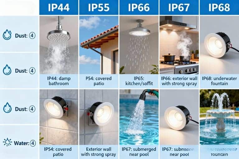 table comparing IP65 and other waterproof LED ratings