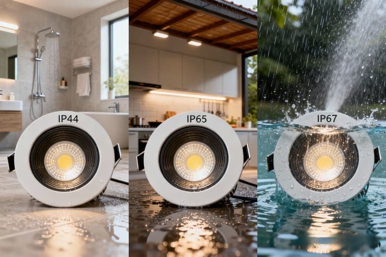 comparison of IP44, IP65, and IP67 LED downlights in use