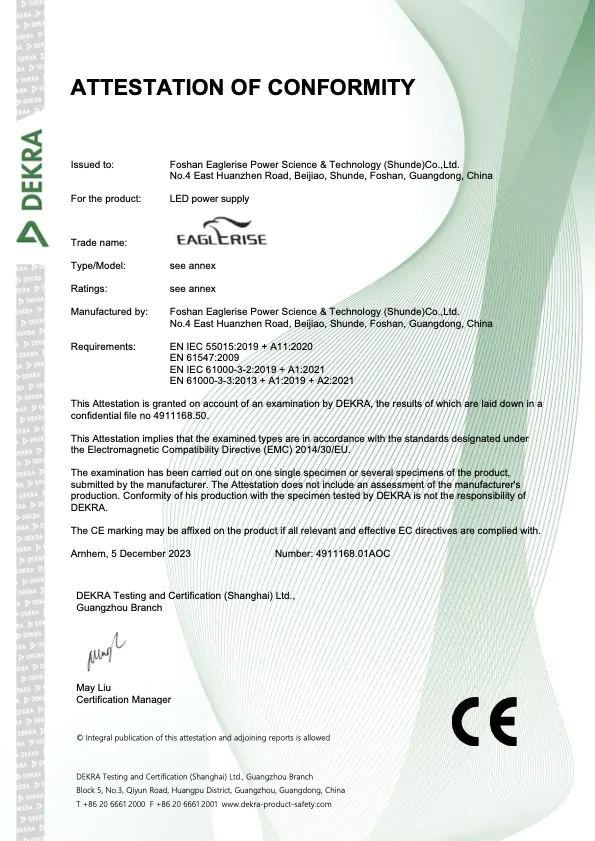 LED power supply certification document from DEKRA issued to Foshan Eaglerise Power Science & Technology.