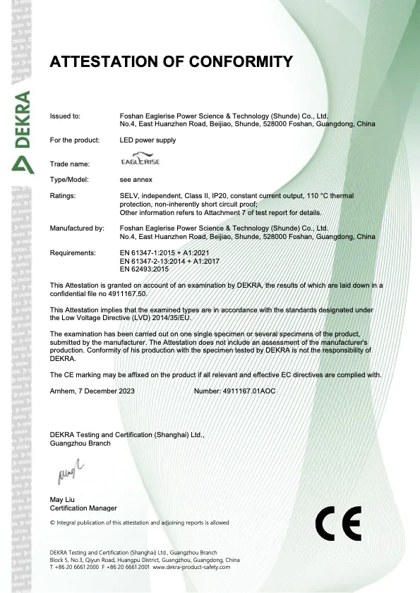 LED commercial lighting certification document from DEKRA.