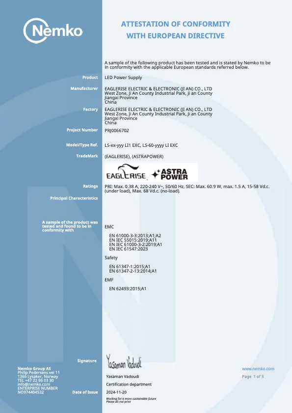 LED lighting certification document from Nemko, showcasing compliance with European standards.