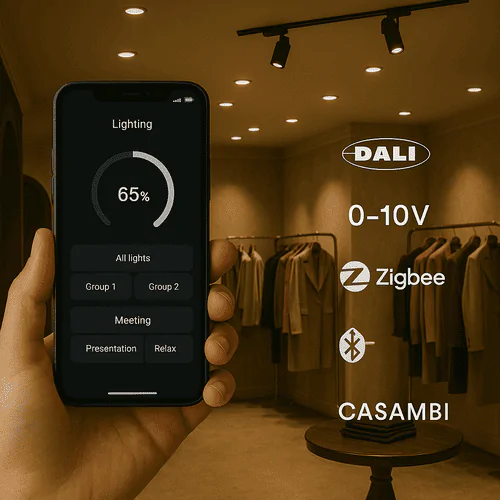 Customizable smart lighting control app in a retail clothing store for optimized ambiance.