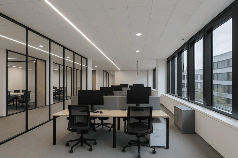 Modern office workspace with sleek commercial lighting and large windows.