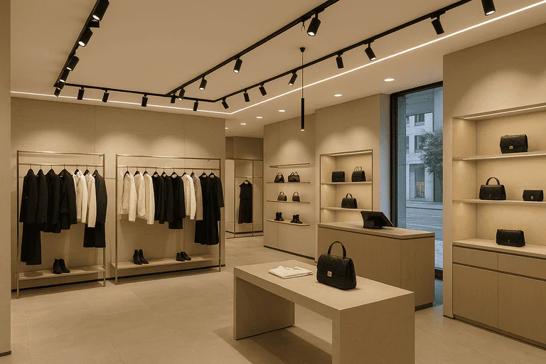 Black and white clothing display in a modern retail store with sleek lighting design.