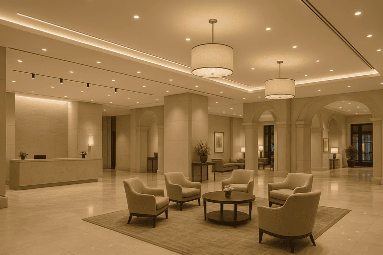 ILightin professional commercial lighting showroom interior with elegant seating area and warm ambient lighting.