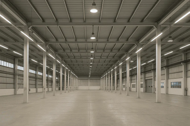 High bay LED warehouse lighting inside an industrial storage facility.