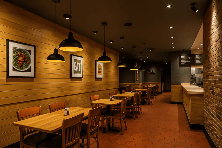 Restaurant interior with wooden furniture and modern lighting fixtures.