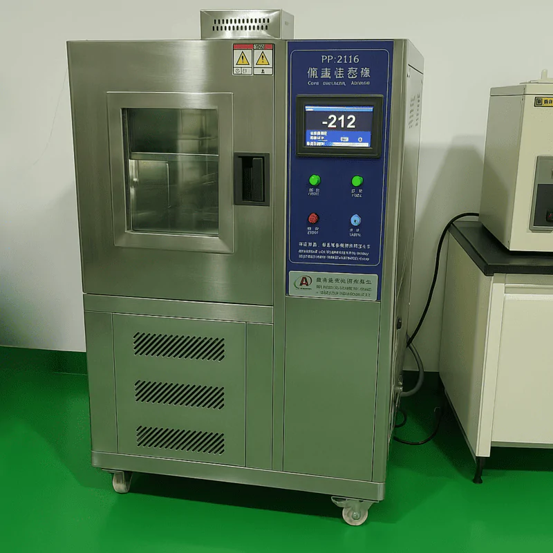 - High-tech stainless steel laboratory freezing machine with digital display and temperature control.