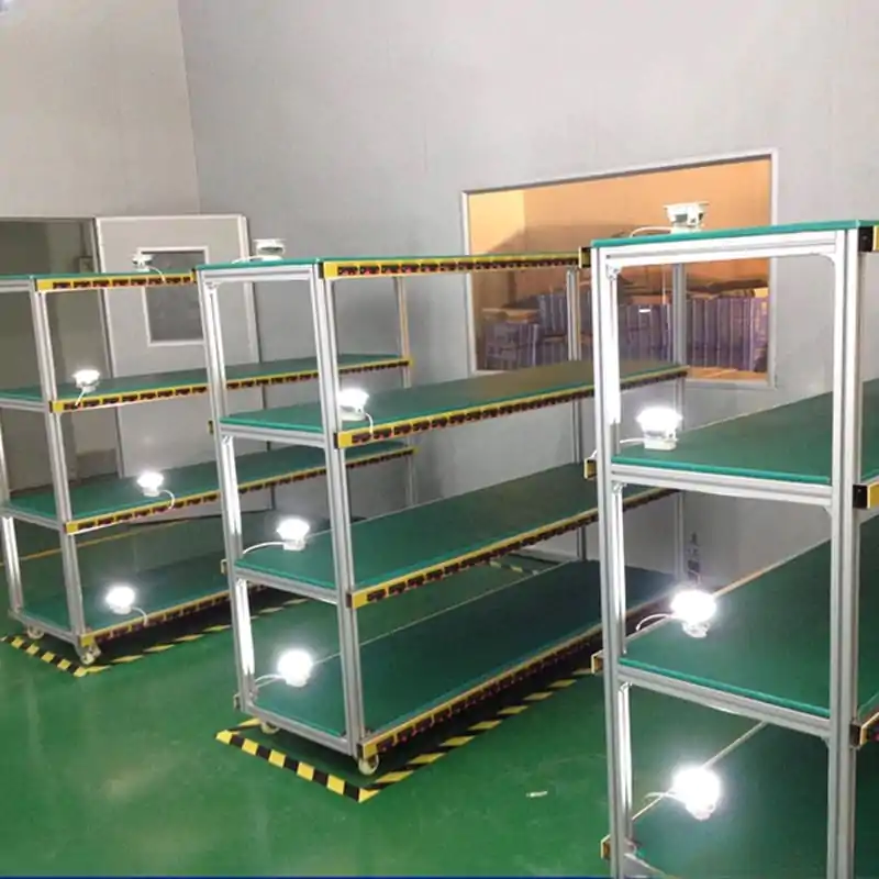 High-power LED industrial lighting used for shelving and warehouse illumination.