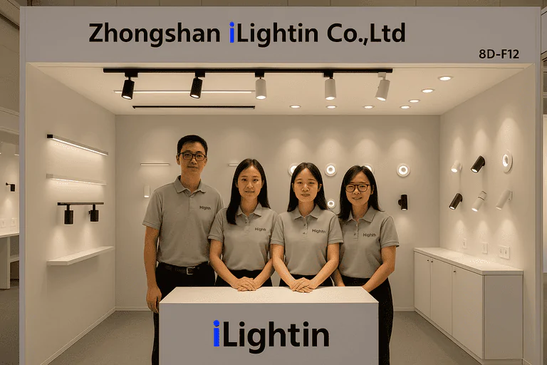 Lighting display booth with four staff members showcasing professional lighting solutions in a showroom environment, illuminated by various modern light fixtures.