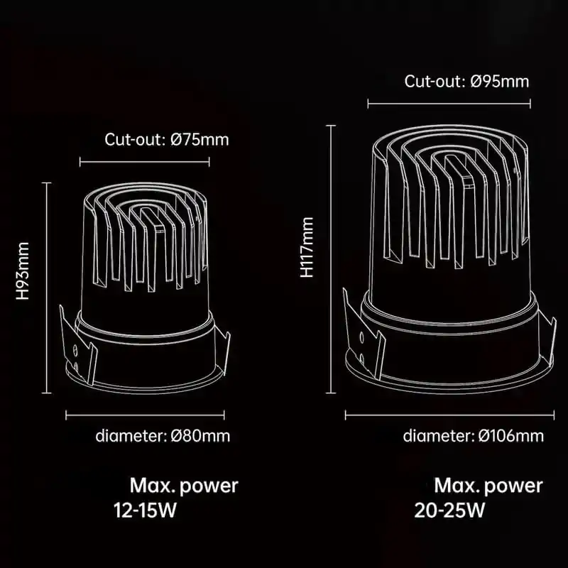 LED industrial lighting heat sink technical drawing with dimensions and power specifications.
