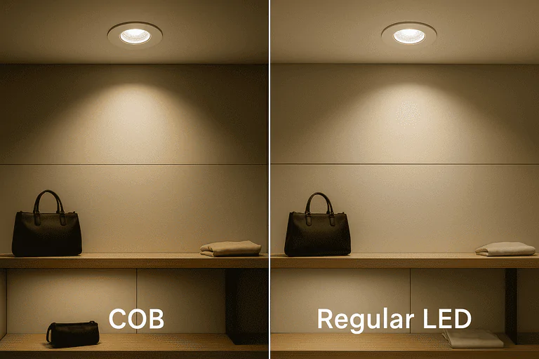 COB recessed ceiling light illuminates surface evenly, showcasing industrial lighting efficiency.