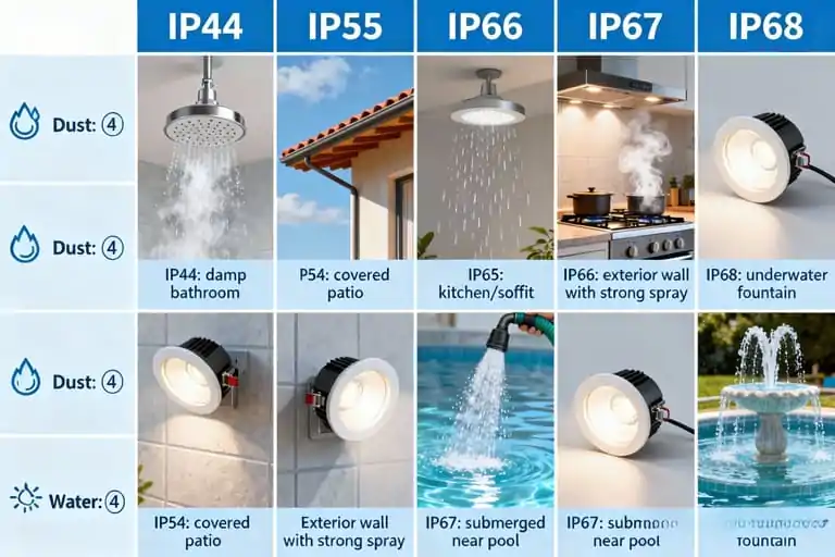 table comparing IP65 and other waterproof LED ratings
