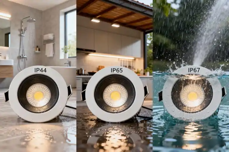 comparison of IP44, IP65, and IP67 LED downlights in use