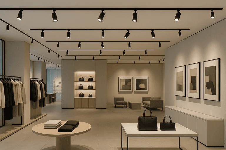 Luxury retail store with professional lighting display, minimalist design and modern decor.