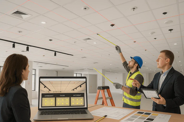 Custom commercial lighting installation by professionals at iLightin, enhancing workspace illumination and energy efficiency.